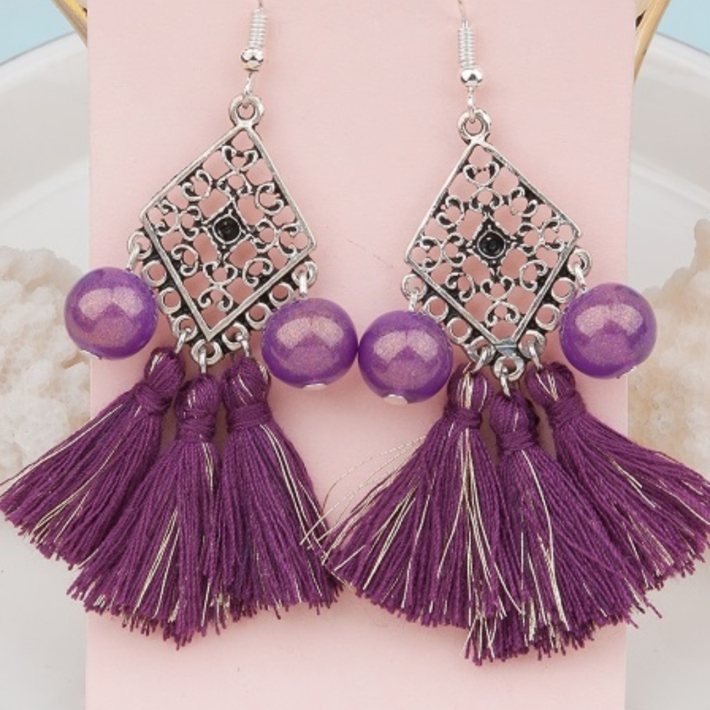 New Cute Purple Boho Bead Sexy Tassel Earrings - Picture 1 of 5